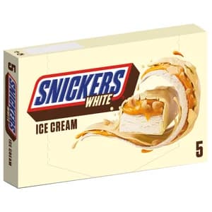 SNICKERS White Barritas de helado con caramelo y cacahuete tostado, recubiertos de chocolate blanco 5 uds.