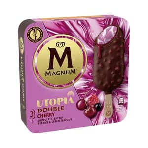 MAGNUM Utopia doble cherry Helado de frutas del bosque, nata y salsa de guinda, recubierto chocolate con leche 3 x 85 ml.