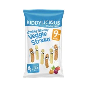 KIDDYLICIOUS Snacks de patata, arroz y guisantes ecológicos sabor queso, a partir de 9 meses 4 x 120 g.