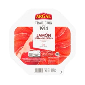 ARGAL Jamón serrano reserva (12 meses de curación), cortado en lonchas muy finas ARGAL Tradición 80 g.