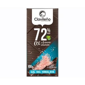 CLAVILEÑO Chocolate negro 72 % con sal del Himalaya sin azúcar añadido 100 g.