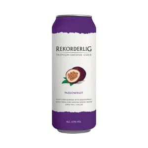 REKORDERLIG Cider de pera con un toque de fruta de la pasión lata 50 cl.