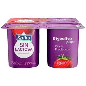 KAIKU Digestivo Plus Yogur de fresa sin lactosa, con calcio y probióticos 4 x 125 g.