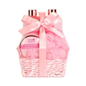 BON MATIN Cesta con productos para el baño con aroma a fresa y nata.