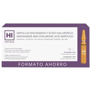 HI ANTIAGE Ampollas faciales hidratantes con Niacinamida y ácido Hialurónico 10 x 2 ml.
