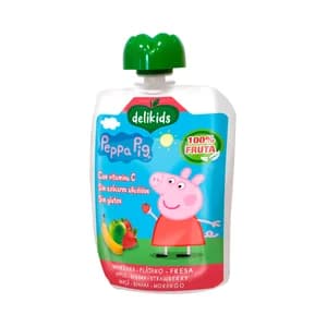 DELIKIDS Peppa pig Bolsita de fruta (manzana, plátano y fresa) a partir de 6 meses 90 g.