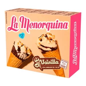 LA MENORQUINA Conos de helado de vainilla con laminado de chocolate, sin azúcares añadidos y sin lactosa 4 x 120 ml.