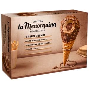 LA MENORQUINA Conos de helado de chocolate con nata, salsa de chocolate y cobertura de chocolate con leche recetas artesanales 3 x 130 ml.