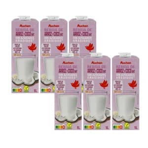 AUCHAN Bebida de coco y arroz sin azúcares añadidos ni gluten 6 x 1 l. Producto Alcampo