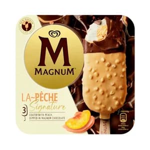 MAGNUM La pêche signature Helado de pomelo y melocotón bañado en chocolate con leche 3 x 90 ml.