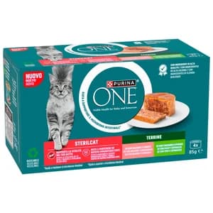 ONE PURINA Latitas de alimento para gato esterilizado salmón y zanahoria 4X85g