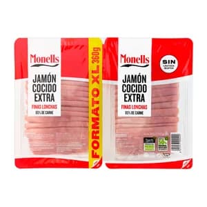 MONELLS Jamón cocido de categoria extra, cortado en finas lonchas MONELLS 2 x 180 g.