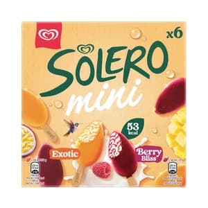 SOLERO Mini polos de frutas (3 frutas exóticas y 3 de frambuesa y fresa) 6 x 50 ml.