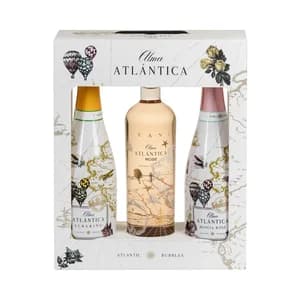 ALMA ATLÁNTICA Estuche con vino blanco espumos albariño, vino rosado espumoso (Méncía) y vino rosado ALMA ATLÁNTICA.