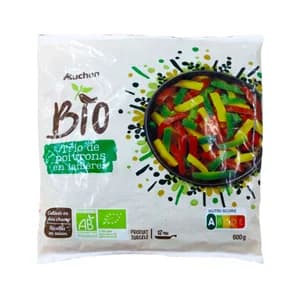 AUCHAN Pimientos (verde, rojo y amarillo) cortados en tiras 600 g. Producto Alcampo