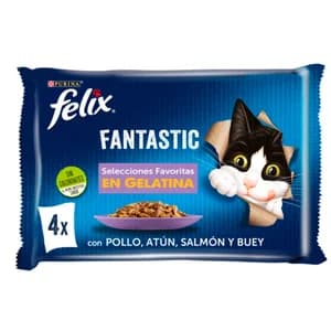 FELIX Comida para gatos adultos a base de buey, pollo, salmón y atún FELIX 4 unidades de 85 g.