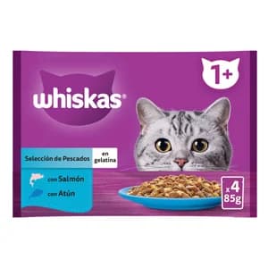 WHISKAS Pienso húmedo para gatos bolsa pescado gelatina 4x85 gr.