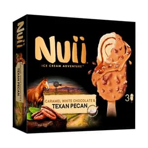 NUII Bombón helado de vainilla con salsa de caramelo, recubierto de chocolate blanco y tozos de nueces pecanas 3 x 90 ml.