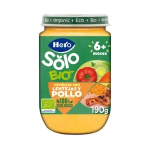 HERO Solo bio Tarrito de verduras con lentejas y pollo ecológicos, a partir de 6 meses 190 g.