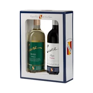 CUNE Estuche con botella de vino tinto reserva con D.O. Ca. Rioja y botella de vino blanco con D.O. Rueda.