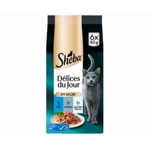 SHEBA Comida para gatos a base de atún, salmón y bacalao 6 uds. 50 g.