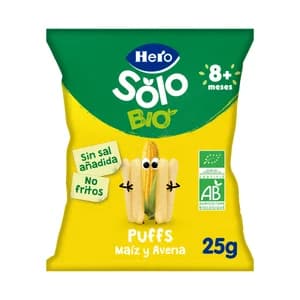 HERO Solo bio Snacks infantiles no fritos y sin sal añadida. de maíz y avena ecológicos, a partir de 8 meses 25 g.