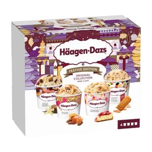 HÄAGEN-DAZS Festive edition Mini tarrinas de helados surtidos (vainilla, praline, caramleo con lotus y tarta de queso) 4 x 95 ml.