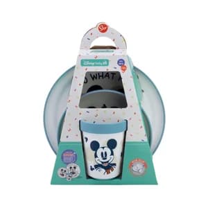 Set antideslizante plato + bol + vaso, incluye cuchara Mickey Mouse.