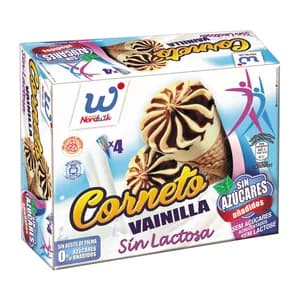 NORDWIK Conos de helado de vainilla y chocolate, sin lactosa ni azúcares añadidos 4 x 110 ml.