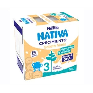 NATIVA Leche (3) de crecimiento con galleta María de 12 a 36 meses, Nestlé 1+ 6 x 1 l.