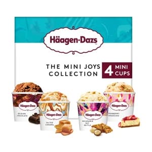 HÄAGEN-DAZS Mini tarrinas de helado de chocolate belga, caramelo salado, nueces de Macadamia y cheesecake con fresa 4 x 95 ml.