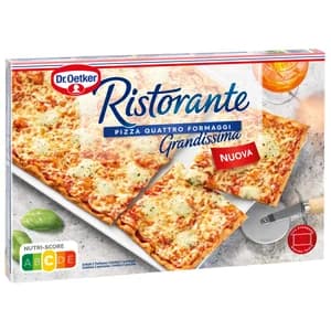 DR. OETKER Ristorante grandissima Pizza congelada de masa fina 4 quesos (Mozazarella, Edam, Emmental, Azul) 560 g.
