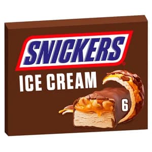 SNICKERS Barrita de helado cremoso, caramelo y cacahuetes recubierta de chocolate 6 x 53 ml.