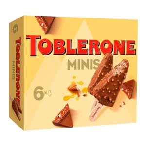 TOBLERONE Mini bombón helado de chocolate y miel cubierto de chocolate y con leche y trozos de nougat 6 x 50 ml.