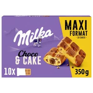 MILKA Cake&choc Bizcochitos con pepitas de chocolate con leche, rellenos de chocolate 350 g.