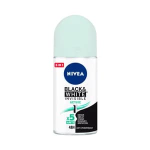 NIVEA Black & white invisible active Desodorante roll-on para mujer, anti-manchas y eficaz hasta 48 horas 50 ml.