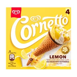 CORNETTO Cono de helado de limón con chocolate blanco 4 x 90 ml.