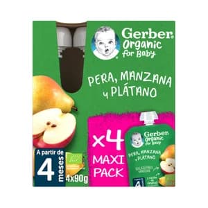 GERBER Organic Bolsitas de frutas (pera, manzana y plátano) ecológicas, a paritr de 4 meses 4 x 90 g.