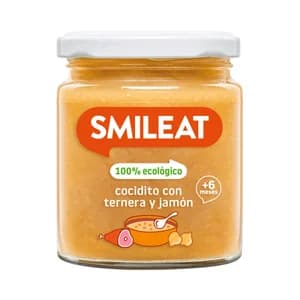 SSMILEAT Tarrito de cocidito con ternera y jamón ecológicos, a partir de 6 meses 230 g.