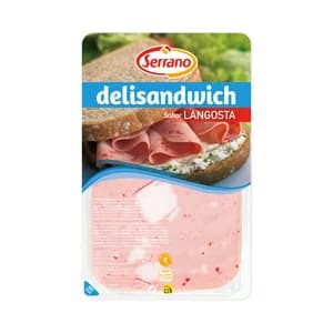 SERRANO Fiambre de pavo y cerdo con sabor a langosta, cortado en lonchas SERRANO Delisandwich 100 g.