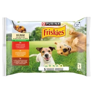 FRISKIES Alimento de perro húmedo en bolsa de gelatina pollo, cordero, buey 4x85g