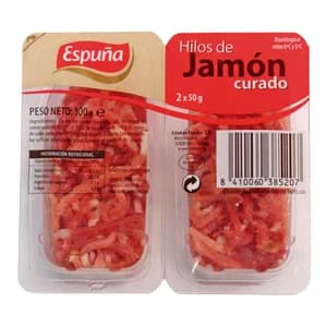 ESPUÑA Jamón curado cortado en hilos y elaborado sin gluten ESPUÑA 2 x 50 g.