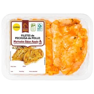 Bandeja de pechuga de pollo fileteada y con marinado con sabor a asado UVESA 375 g