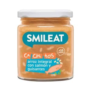 SMILEAT Cachitos Tarrito ecológico de arroz integral con salmón y guisantes a partir de 10 meses 230 g.