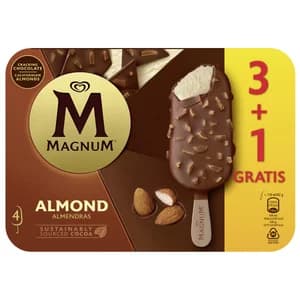 MAGNUM Helado de vainilla recubierto de chocolate con leche y almendras 4 x 110 ml.