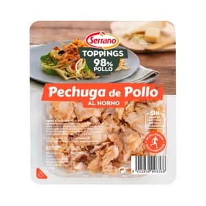 SERRANO Toppings Fiambre de pechuga de pollo al horno, cortada en tiras 140 g.