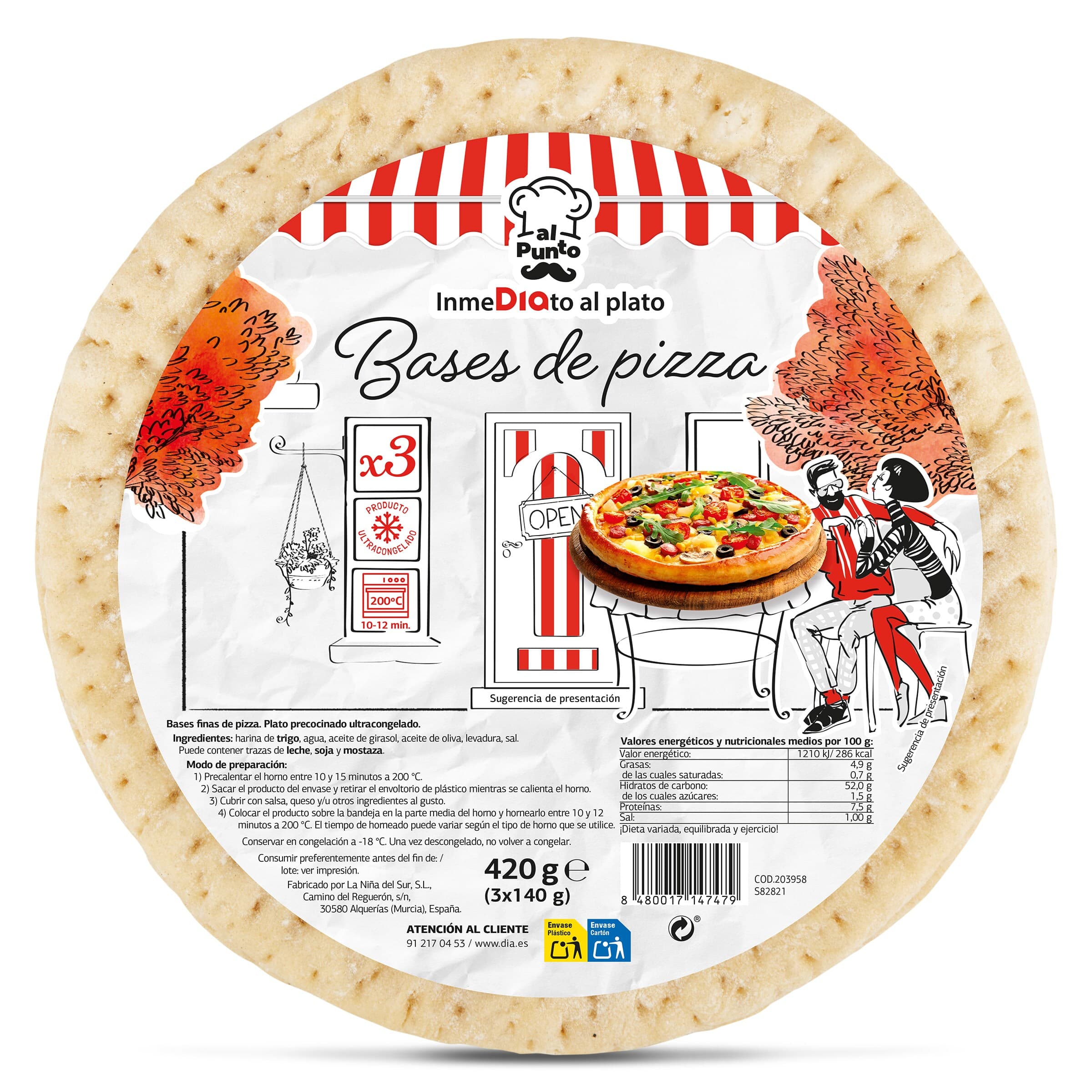 Bases de pizza 3 unidades Dia Al Punto 420 g