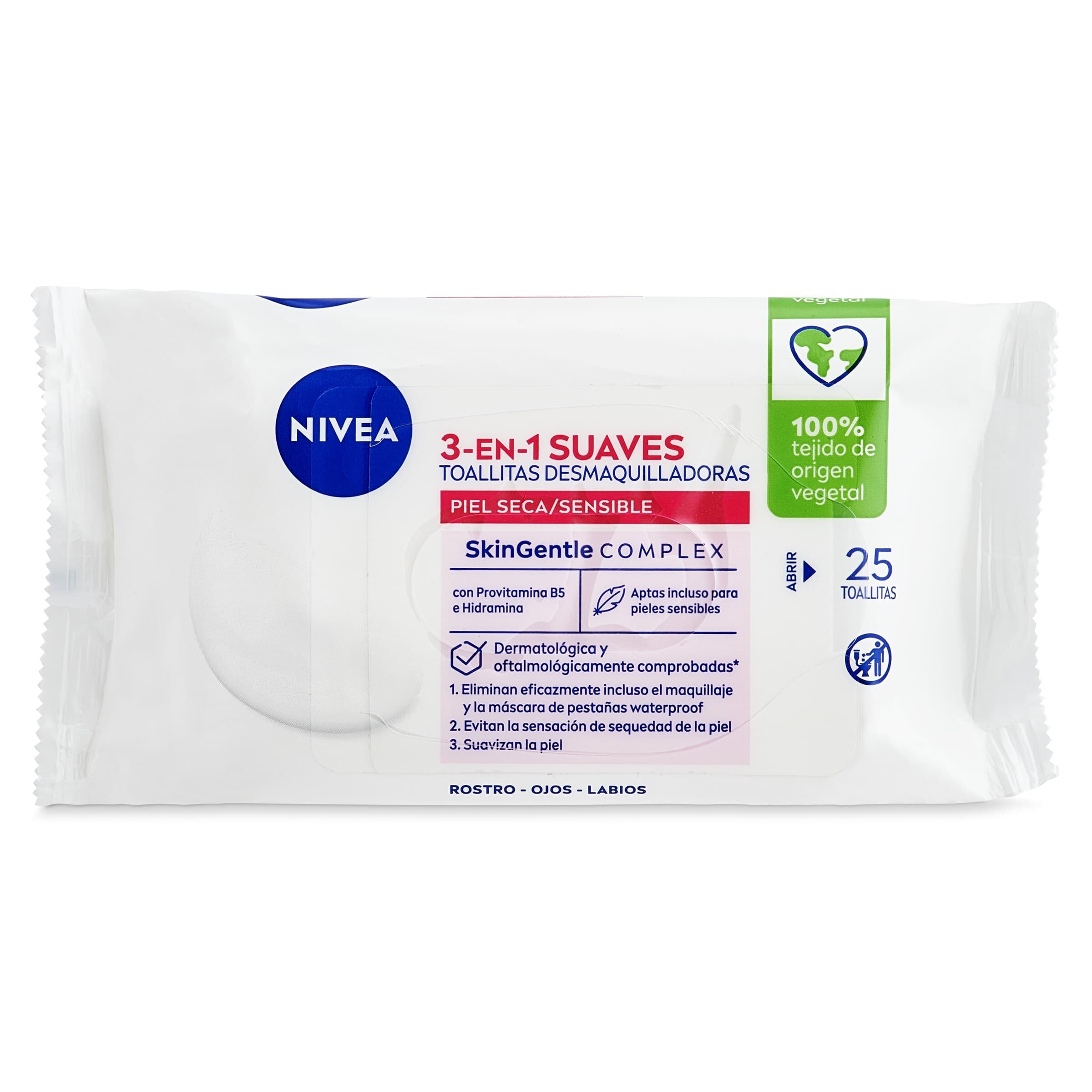 Toallitas desmaquillantes tres en uno piel seca Nivea bolsa 25 unidades