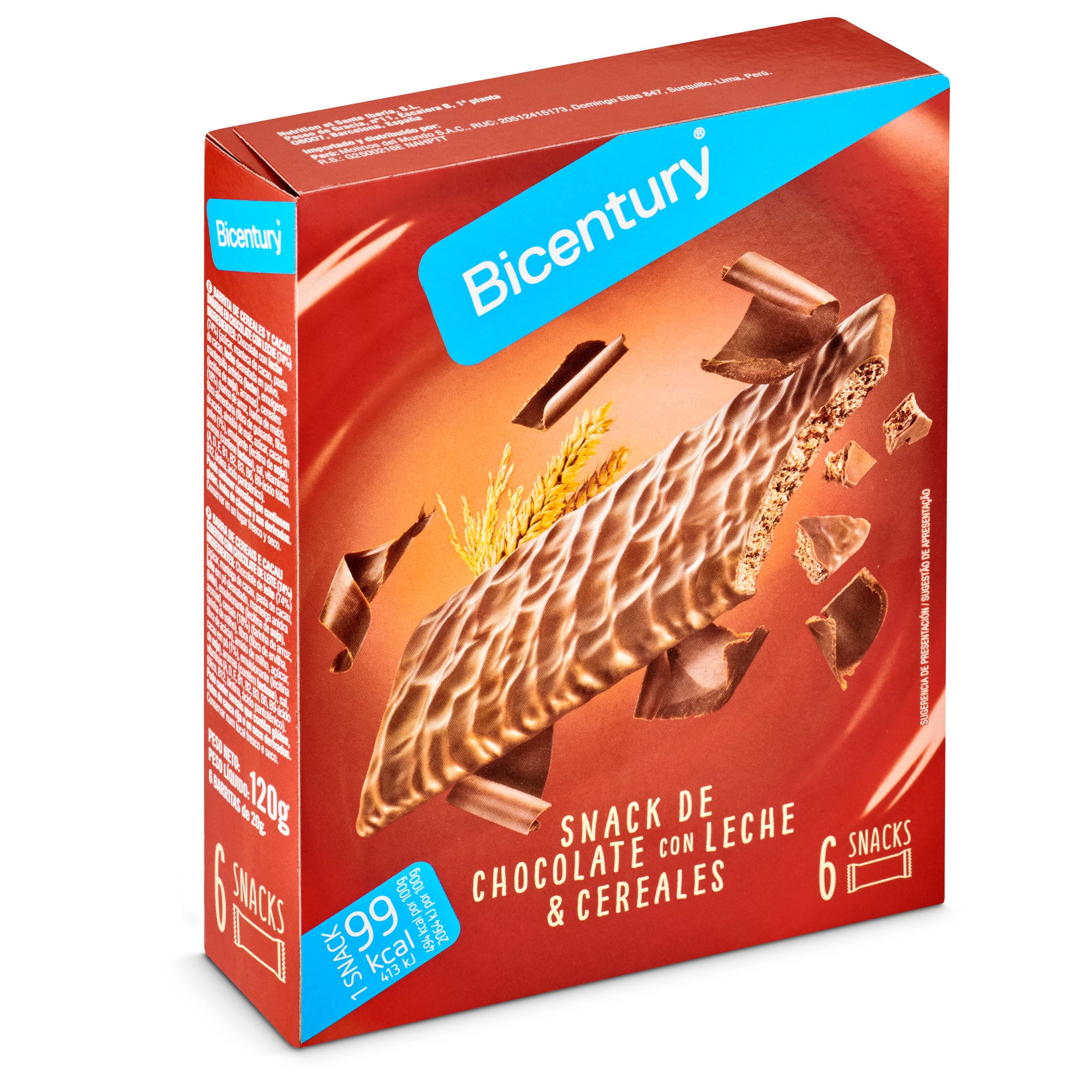 Barritas de cereales y cacao bañadas en chocolate con leche Bicentury caja 120 g