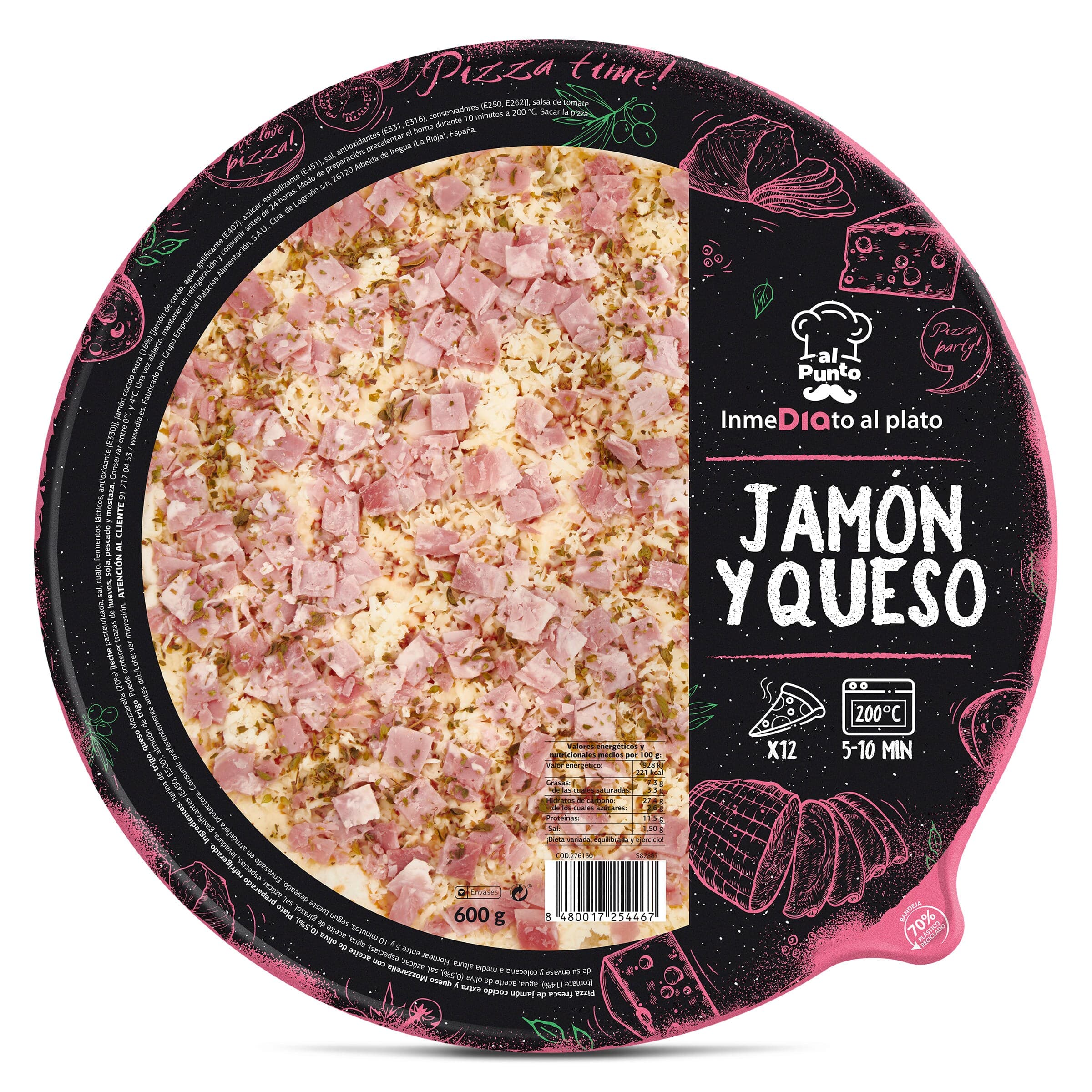 Pizza jamón y queso familiar Dia Al Punto 600 g